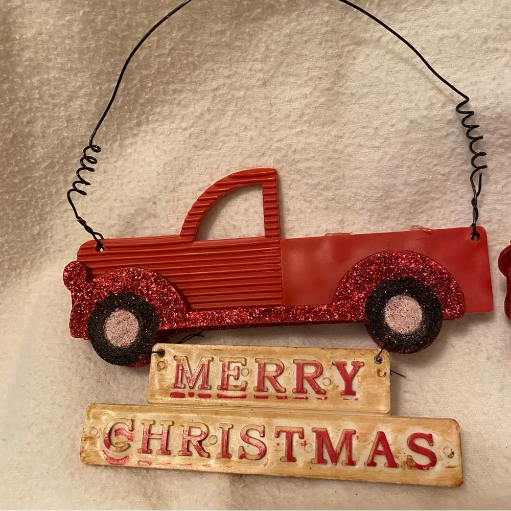 Red Christmas Truck Ornament Set vintage red truck door hanger